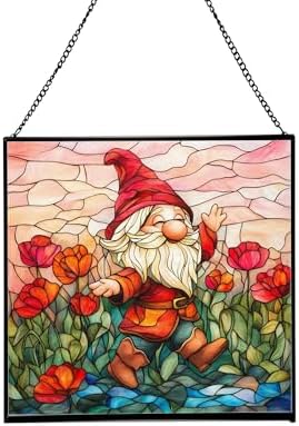 Poppy Meadow Gnome Stained Glass Suncatcher – Square Hanging Window Panel for Home or Greenhouse – Whimsical Glass Art Gift for Garden Lovers, Christmas, Halloween, Father Days Yxk5rr by Custom