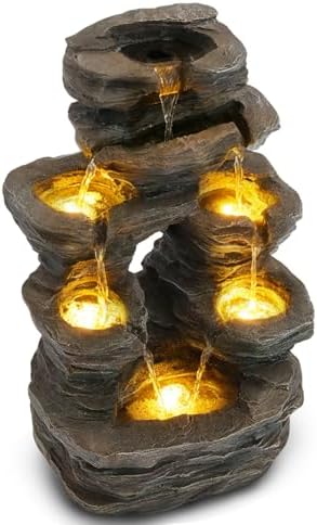 7-Tier Cascading Outdoor Fountain with LED Lights, 23.6" H Rock Water Fountain, Fountains and Waterfalls with Stone-Look for Garden, Patio, Yard Decor by Callales