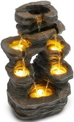 7-Tier Cascading Outdoor Fountain with LED Lights, 23.6" H Rock Water Fountain, Fountains and Waterfalls with Stone-Look for Garden, Patio, Yard Decor by Callales