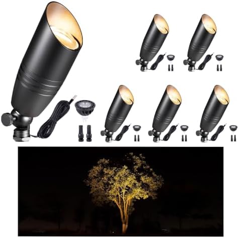 Gardenreet Low Voltage Spot Lights - Black Solid Brass Landscape Spotlight Wired, 12V Outdoor LED Bullet Uplights, Waterproof Electric for Patio Wall with 2700K Warm White MR16 Bulb (6 Pack) by Gardenreet