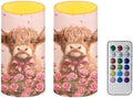Floral Highland Cow Flameless Candles Battery Operated Flameless Candles with Timer Remote LED Real Wax Pillar Lights for Valentine's Day Home Decor Battery Tea Lights by Merkmak
