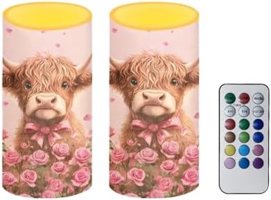 Floral Highland Cow Flameless Candles Battery Operated Flameless Candles with Timer Remote LED Real Wax Pillar Lights for Valentine's Day Home Decor Battery Tea Lights by Merkmak