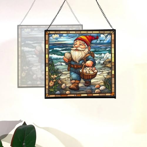 Shell Collector Gnome Stained Glass Suncatcher – Square Hanging Window Panel for Home or Greenhouse – Whimsical Glass Art Gift for Garden Lovers, Christmas, Halloween, Father Days MXctcy - Image 4