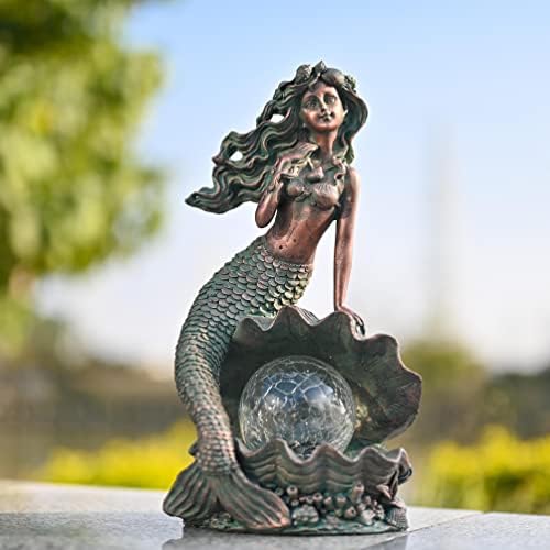 TERESA'S COLLECTIONS Mermaid Garden Statue Solar Resin Patina Bronze 12" - Image 3