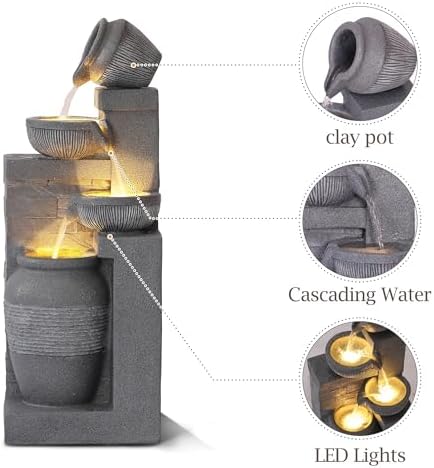 Outdoor Water Fountain, 4 Tiered Waterfall Fountains with LED Lights, Garden Bowl Waterfalls, Modern Cascading Flow Fountain for Garden, Yard, Patio, Home Decor (Grey) - Image 6