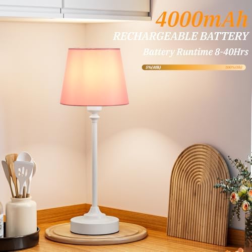 Cordless Table Lamps Rechargeable Set - 2 Pack White 4000mAH Battery Operated Lamps for Decor, 3000K Stepless Dimming Touch Control Wireless Lamps for Bedroom, Dining Table, Living Room, Pink Shade - Image 3