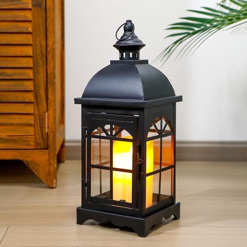 TRIROCKS Decorative Vintage Candle Lanterns 14.5" H Farmhouse Outdoor Hanging Lanterns with Tempered Glass for Porch, Balcony, Patio, Home, Centerpieces, Indoor, Outdoor(Black) - Image 5
