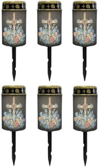 Poceacles Cross Solar Lights Solar Outdoor Lights Outdoor Waterproof Stake Solar Lights Votive Candles Grave Solar Candles for Memorial Day Decorations, Blue Butterfly Floral Cross Black, Pack of 6 by Poceacles