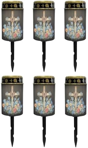 Poceacles Cross Solar Lights Solar Outdoor Lights Outdoor Waterproof Stake Solar Lights Votive Candles Grave Solar Candles for Memorial Day Decorations, Blue Butterfly Floral Cross Black, Pack of 6 by Poceacles