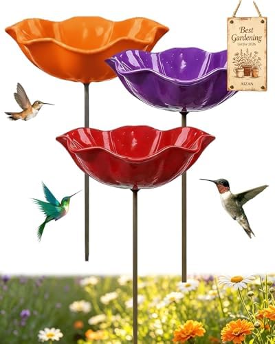 Handmade Metal Flower Garden Stakes Bird Bath, Bee Watering Station Butterfly Feeder with Colorful Flower Design Pollinator Hummingbird Water Bowl Puddler with Stand for Outdoor Yard Decor(Set 7) by Unknown