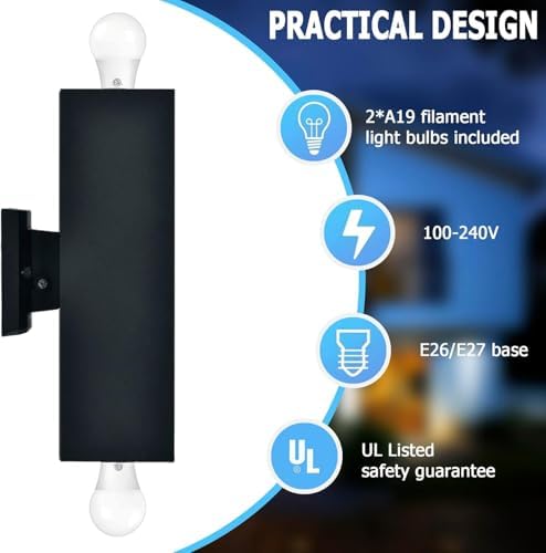 Dawn to Dusk Outdoor Light Fixtures Wall Mount 2 Pack, LED Modern Up Down Lighting Outdoor Wall Sconce Lights 2700k, 13" Black Outside exterior lights for House Porch Garage,IP65,UL Listed (Black) - Image 4