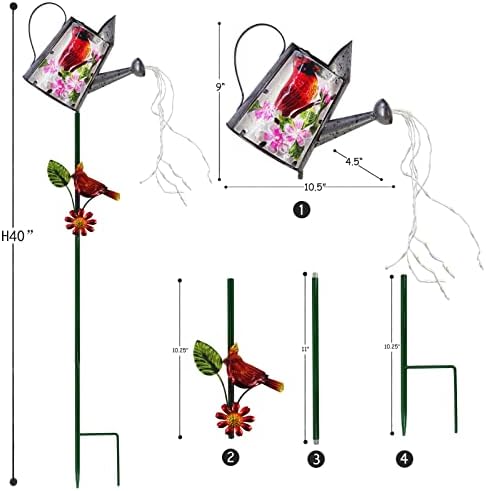 Garden Solar Lights Outdoor, Metal Watering Can Garden Stake Lights Cardinal Bird Decor Glass Art for Walkway, Pathway, Yard, Lawn - Image 2