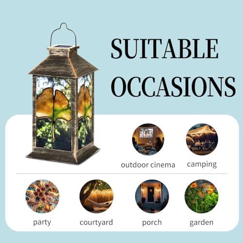 Solar Lantern Ginkgo Leaf Stained Glass Multicolor Tree Sunlight Green Outdoor Waterproof Garden Hanging Lantern Solar Powered Lighting Outside Table Lamp for Patio Deck Camping 1 Pack - Image 5
