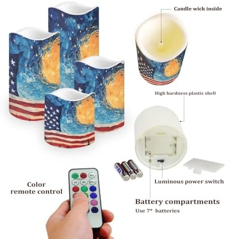 American Falg Pattern Flameless Candles LED Pillar Candles Battery Operated Candles with Remote and Timers Color Changing Electric Fake Plastic Candles Living Room Home Table Decor Set of 4 - Image 3