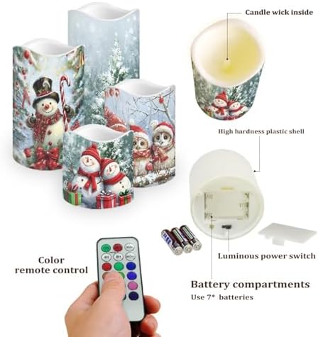 Cute Snowman Owl Flickering Flameless Candles with Remote LED Pillar Candles Battery Operated with Timer Color Changing Electric Candles for Table Christmas Decorations - Image 3