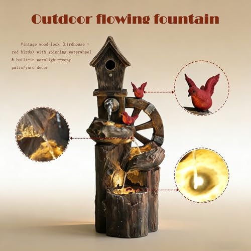 3-Tier Bird Fountain with LED Light - Solar & Adapter Dual Power Option, 38.2 Inch Outdoor Water Feature for Garden & Yard - Image 3