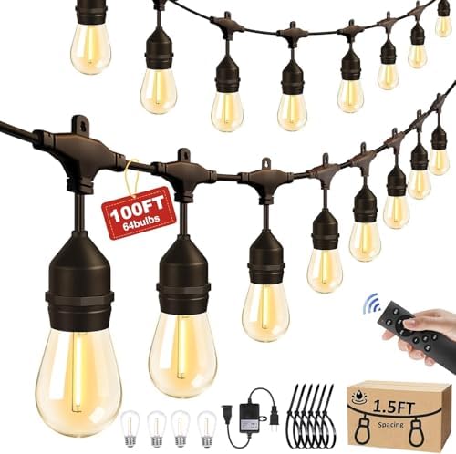 100FT Outdoor String Light 64Bulbs (1.5FT Bulbs Spacing),120W Dimmer Remote by Porbench