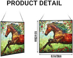 Brown Dutch Warmblood Horse Galloping Along Wild Hedgerow Square Suncatcher – Stained Glass Style Window Panel with Pastoral Scene, Custom Decorative Hanging Art for Equestrian Home, Christmas S5G14f - Image 2