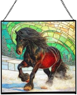 Black Icelandic Horse Climbing Snowy Slope Square Suncatcher – Stained Glass Style Window Panel with Pastoral Scene, Custom Decorative Hanging Art for Equestrian Home, Christmas Rzvlwy by Custom