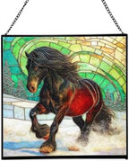 Black Icelandic Horse Climbing Snowy Slope Square Suncatcher – Stained Glass Style Window Panel with Pastoral Scene, Custom Decorative Hanging Art for Equestrian Home, Christmas Rzvlwy by Custom