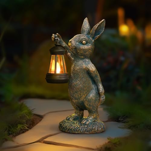 Rabbit Garden Statues with Solar Lantern Bunny Outdoor Figurine by zuzuzen