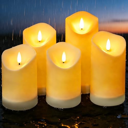 Nimiko Solar Outdoor Waterproof Flameless Candles - 5 Pack Solar & Battery Operated LED Candles, White (D3.25" x 4"/5"/6" Assorted Heights) for Garden, Patio, Outdoor Decoration by Nimiko