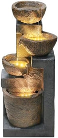 4-Tiers Cascading Rock Outdoor Fountain with LED Light Beige by Goldshire