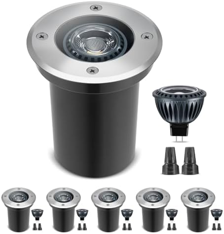 Gardencoin Low Voltage Landscape LED Well Lights, 12V in Ground Lights Outdoor IP67 Waterproof, 5" Tall Wired Landscape Up Lighting, Included Replaceable 5W 2700K MR16 Bulb Dimmable, 6 Pack by Gardencoin