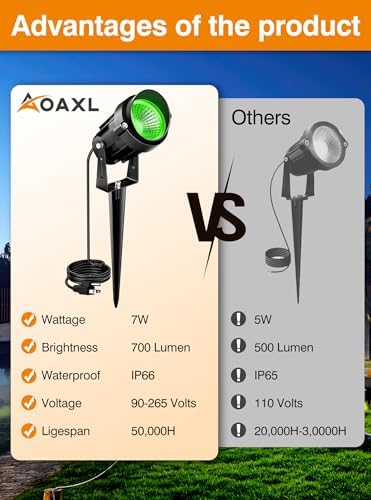 Halloween Christmas Green LED Spot Lights Landscape Lights Outdoor, 110v Plug in Landscape Lighting with Waterproof Spotlights for Garden Pathway Tree Pathway, 2 Pack7 W Green LED Landscape Lights - Image 2