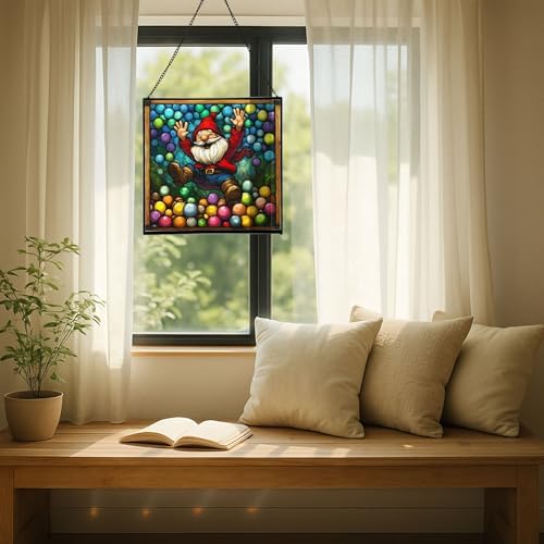 Ball Pit Gnome Joy Stained Glass Suncatcher – Square Hanging Window Panel for Home or Greenhouse – Whimsical Glass Art Gift for Garden Lovers, Christmas, Halloween, Father Days ShgGAQ - Image 7