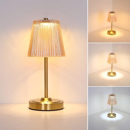 Shenmoyl Cordless Touch Table Lamp with 5200mAh Battery - 3 Adjustable Color Temperatures & Dimmable, Rechargeable Desk Lamp for Bedroom, Living Room, Office, Entryway, Bookshelves (Amber Stripe) by Shenmoyl