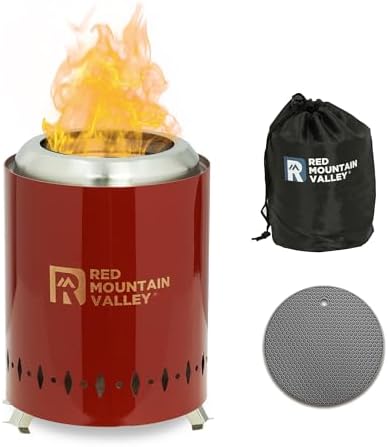 Red Mountain Valley Smokeless Tabletop Fire Pit with Mat, Portable Mini Low Smoke Camping Stove, with Travel Bag and Fireproof Mat, Stainless Steel Red, for Outdoor Enthusiasts by RedMountainValley