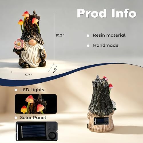 Solar Garden Gnome Statue Outdoor Decor with Mushroom Light - Image 6