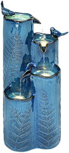 32" Outdoor Water Fountain, Ceramic Outdoor Fountain, Stacked 4-Tier Vase Waterfalls for Garden, Patio, Yard, or Porch Decor, Creating Relaxing Serene Oasis, Embossed Leaf Pattern, Turquoise - Image 2
