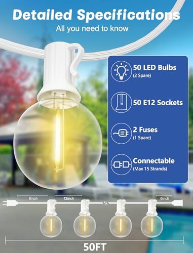 SUNSGNE White String Lights Outdoor, 50FT White Outdoor Lights with 52 G40 Shatterproof LED Bulbs(2 Spare) for Patio Garden Porch Pergola Bistro Outside Decorations, E12 Socket - Image 2