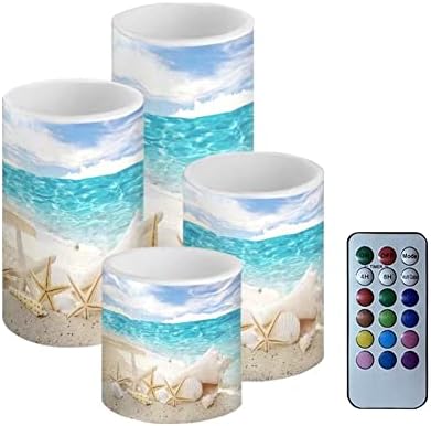 Beach Starfish Seashell Flameless Light Candles Battery Powered with Timer Remote Color Chaging Pillar Candle with Warm Yellow Color Changing Light Pack of 4 - Image 2