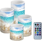 Beach Starfish Seashell Flameless Light Candles Battery Powered with Timer Remote Color Chaging Pillar Candle with Warm Yellow Color Changing Light Pack of 4 - Image 2