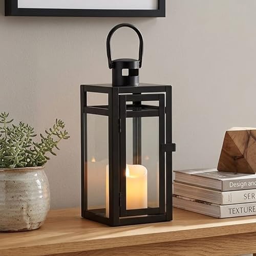 TRIROCKS Metal Candle Lantern 12'' High Decorative Outdoor Lantern Hanging Lantern with Tempered Glass for Christmas Home Decor Living Room Parties Events Tabletop Indoors Outdoors (Black Matte) - Image 2