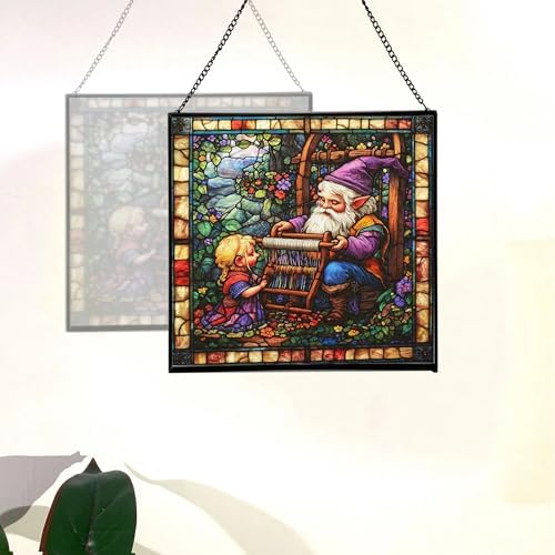 Gnome Weaving Stained Glass Suncatcher – Square Hanging Window Panel for Home, Garden, Nursery, Halloween, Christmas, Memorial Day – Whimsical Glass Art Gift for Gnome Lovers mv4mkm - Image 4