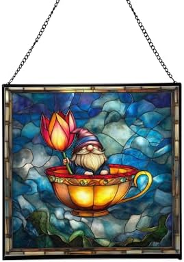 Gnome in Tulip Teacup Stained Glass Suncatcher – Square Hanging Window Panel for Home or Greenhouse – Whimsical Glass Art Gift for Garden Lovers, Christmas, Halloween, Father Days dXYmAm by Custom