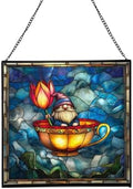 Gnome in Tulip Teacup Stained Glass Suncatcher – Square Hanging Window Panel for Home or Greenhouse – Whimsical Glass Art Gift for Garden Lovers, Christmas, Halloween, Father Days dXYmAm by Custom