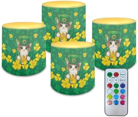 St Patrick's Day Shamrocks Cats Battery Operated Flameless Candles with Remote and Timer Flameless LED Pillar Candles for Party, Banquet, Home Decoration Battery Tealights by Merkmak