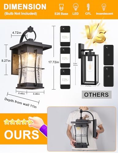 18" H Extra Large Outdoor Wall Sconce Black Large Exterior Wall Lantern Outside House Lamps Waterproof Mission Light Fixtures with Clear Seeded Glass, Perfect for Villa Porch Garage Coach Light - Image 3