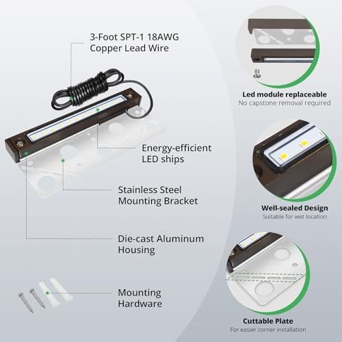 GKOLED 4-Pack Replaceable 6.8" LED Hardscape Lights, Low Voltage Retaining Wall Light, Paver Wall Hardscape Lighting, Outdoor Landscape Step Lights, 12VAC/DC 1.5W 2700K, Die-cast Aluminum Housing - Image 5