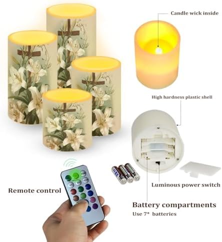 Set of 4 Flameless Candles Bulk Retro Lily Floral Battery Operated Candles with Color Changing Timer Remote Control Cross Printed LED Pillar Lights for Patio Porch Lanterns Home Decor - Image 2