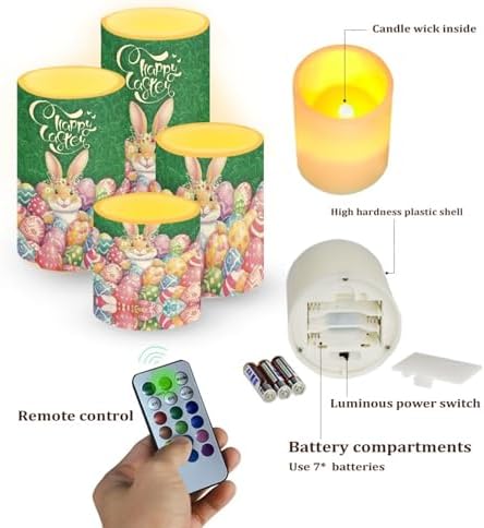 Easter Eggs Flameless Candles with Remote Bunny Battery Operated Candles with Timer Outdoor Lanterns for Easter Day Decorations Flameless Pillar Lights for Patio Porch Decor - Image 2