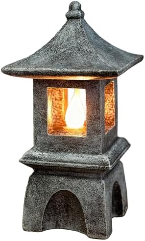 Solar Pagoda Lantern Japanese-Style with LED Flickering Flame Light, Zen Garden Statue Waterproof Resin Stone Finish Outdoor Decorations for Patio Yard Lawn, Housewarming Gifts for Mom Women by Unknown