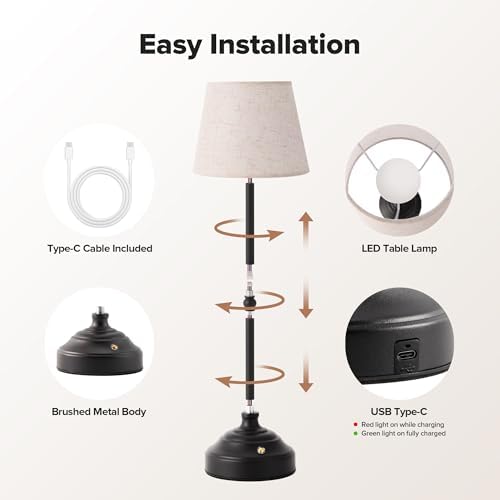 Cordless Table Lamp, Rechargeable Desk Lamp with Fabric Shade, Battery Operated Lamp 3 Color Stepless Dimming, Portable Small Touch Bedside Lamp Home Decor for Dining, Counter (Matte Black) - Image 7