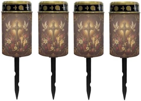 Poceacles Solar Powered Flameless Candle Cemetery Votive Candles Waterproof Outdoor Memorial Solar Stake Lights Home Outdoor Decoration, Cross Rose Bible Book Print Brown, 4 Pcs by Poceacles