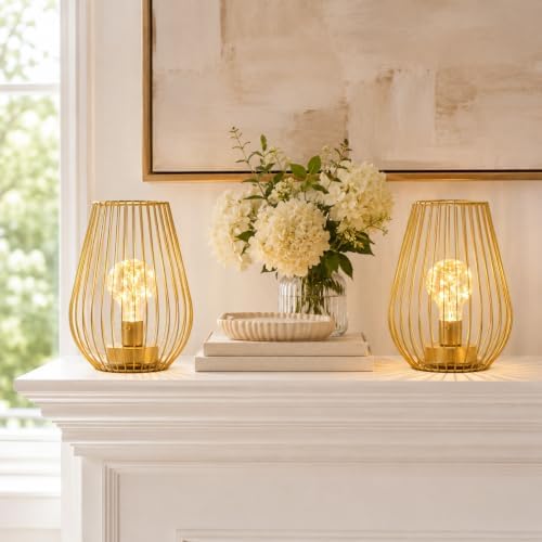 TRIROCKS Metal Cordless Table Lamp - 8'' Tall Set of 2 Cage Shape Battery Operated Lamp with Fairy Lights Bulb for Indoor/Outdoor Use Perfect for Christmas Garden and Weddings (Gold,Set of 2) - Image 6